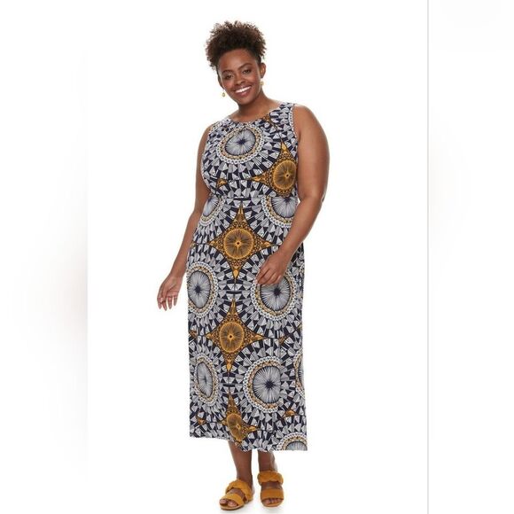 Sleeveless Geometric Print Maxi Dress - Dark Navy Blue,white and Gold - Picture 1 of 15